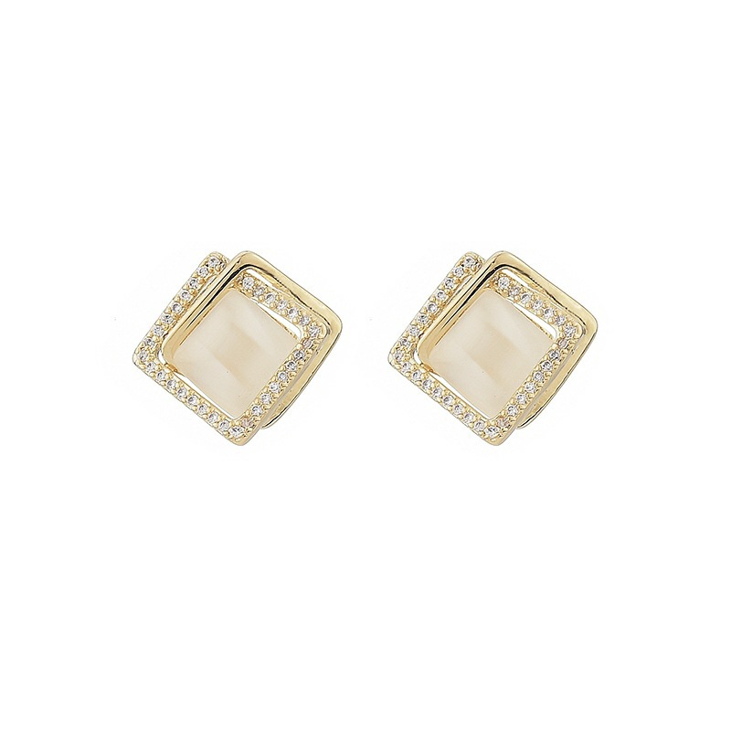 S925 Silver needle cat's eye stone ear studs, simple design sense, geometric square earrings, women's retro, gentle and elegant earrings Item Picture