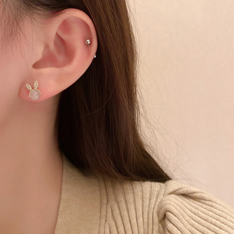 s925 silver needle diamond-encruted cute little rabbit earrings, women's high-end, simple cat's eye stone exquisite light luxury stud earrings Application Scenario