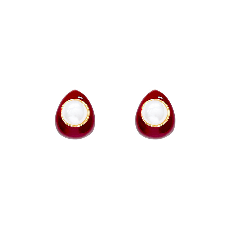 Ankela red teardrop stud earrings for women, French retro niche steamed bun pearl earrings, high-end and unique earrings Item Picture