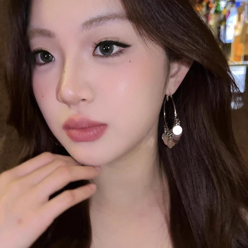 Silver shimmering sequined tassel earrings for women, 2025 new ethnic style circle face-enhancing small earrings Specification drawing
