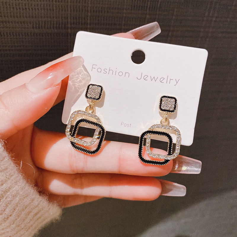 s925 Silver Needle Full Diamond Geometric square earrings for Women, 2024 New style, trendy and high-end, light luxury and niche design stud earrings Specification drawing