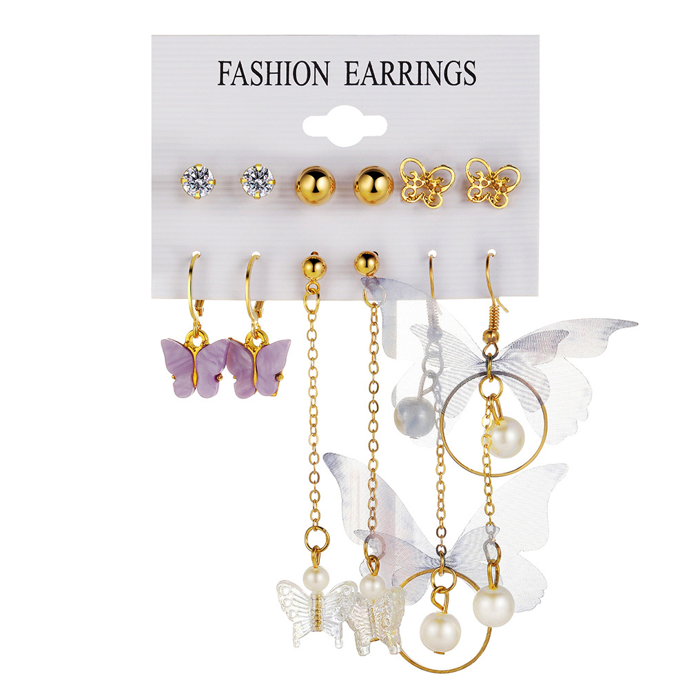 European and American export butterfly earrings, asymmetrical acrylic imitation pearl butterfly pendant earrings set in Instagram Item Picture