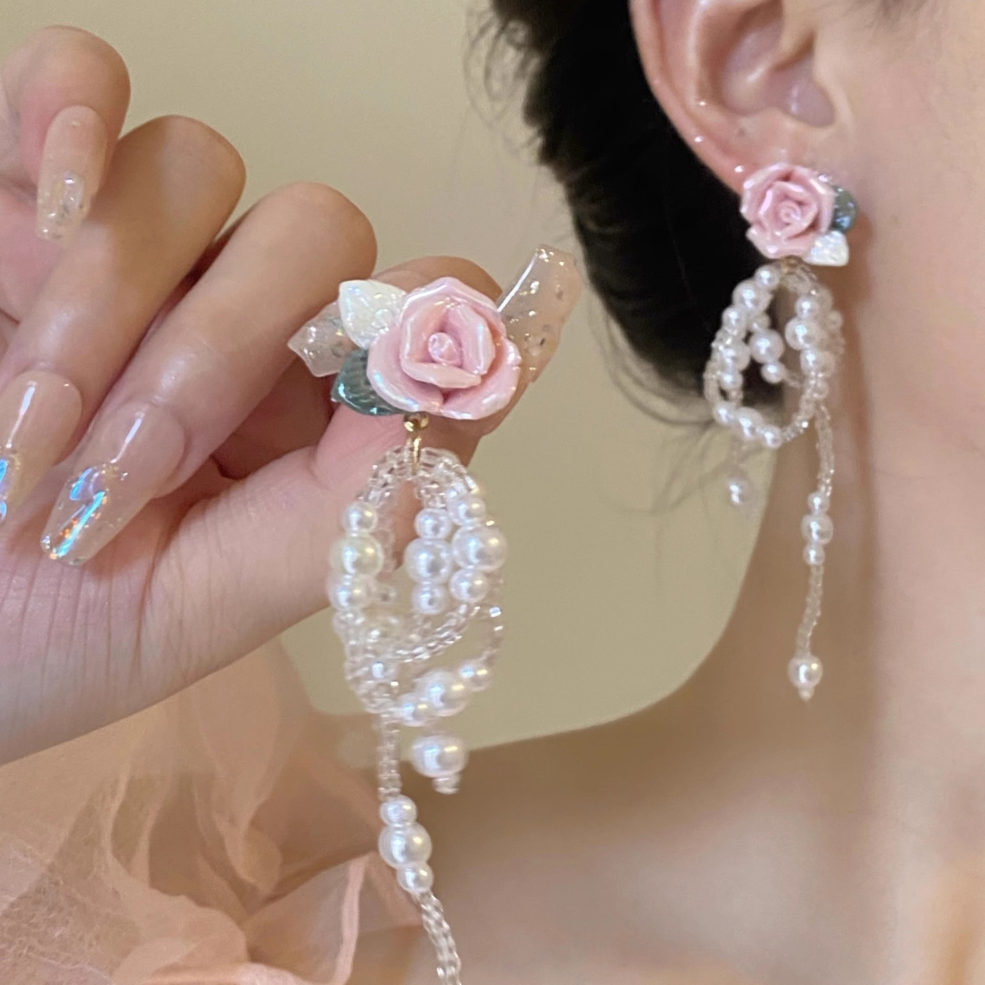 Super ethereal pink rose flower pearl tassel earrings for women, light luxury, sweet and elegant, exquisite and high-end earrings details Picture