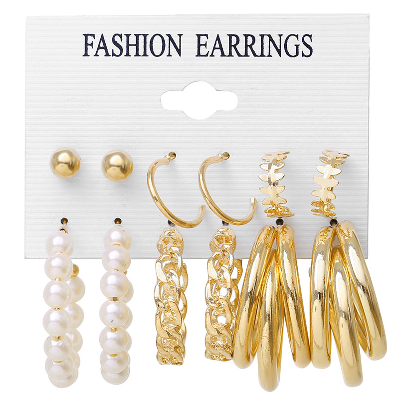A 6-piece set of cross-border creative retro imitation pearl earrings for women, featuring European and American personalized metal circle chain stud earrings Item Picture