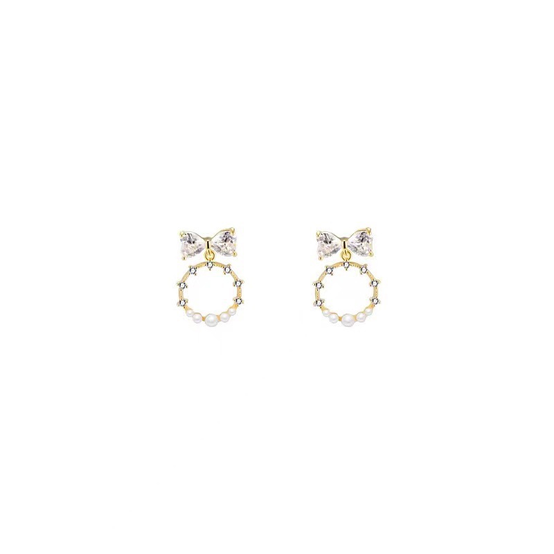 S925 Silver needle, Japanese and Korean style geometric circle bow, diamond-encrusted stud earrings, female Internet celebrity, personalized and versatile, trendy earrings and earrings Item Picture