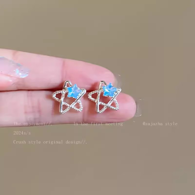 925 Silver Needle Blue Star simple Stud earrings for women, summer fresh, delicate and elegant earrings, high-end and trendy earrings details Picture