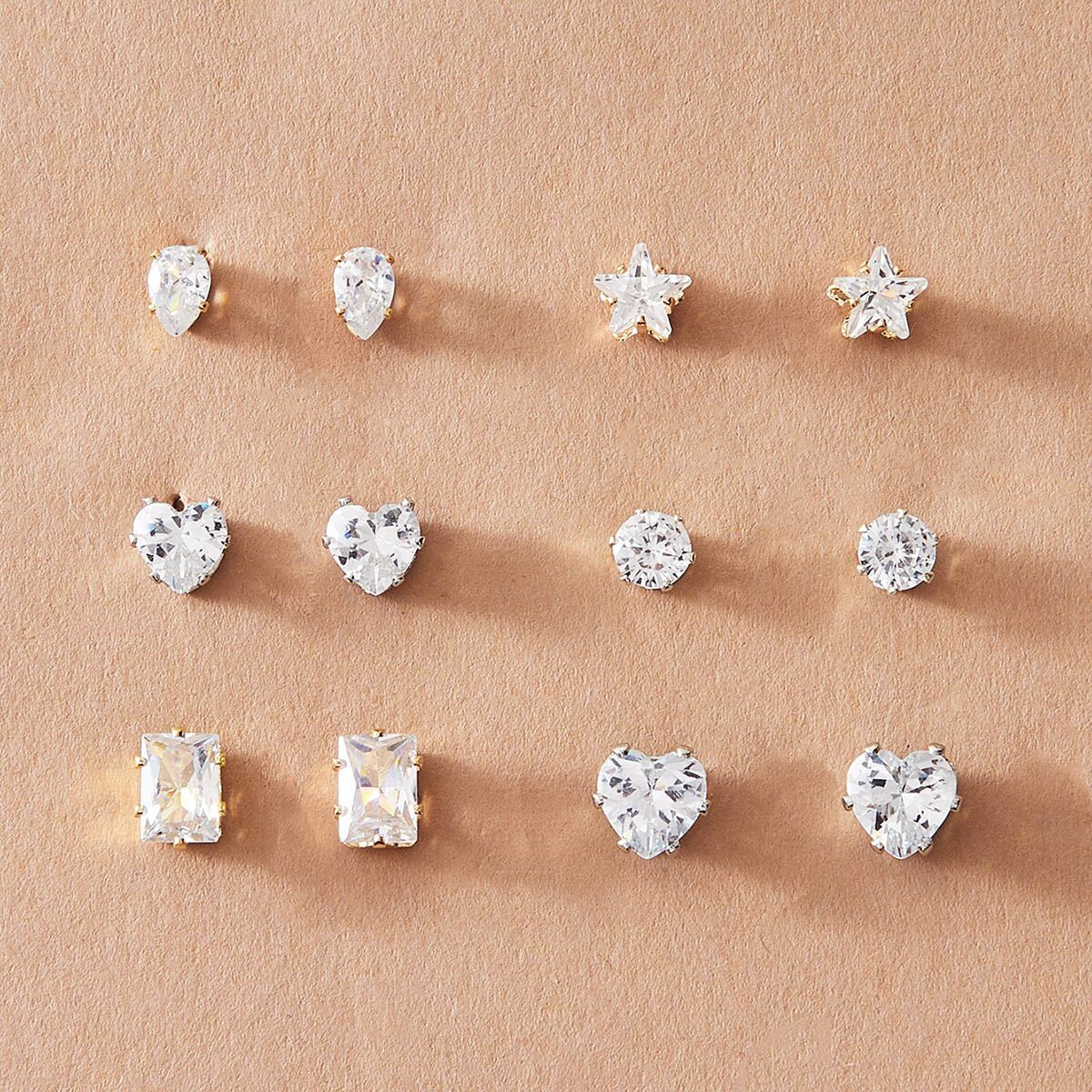 Six pairs of fashionable and elegant zircon earrings featuring five-pointed stars, hearts and geometric shapes, which are popular in European and American foreign trade full figure