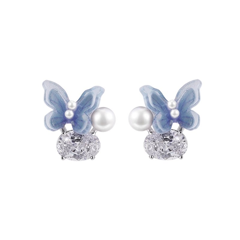 Super ethereal blue butterfly pearl stud earrings for women, French niche high-end style earrings, versatile and sweet earrings for commuting Item Picture