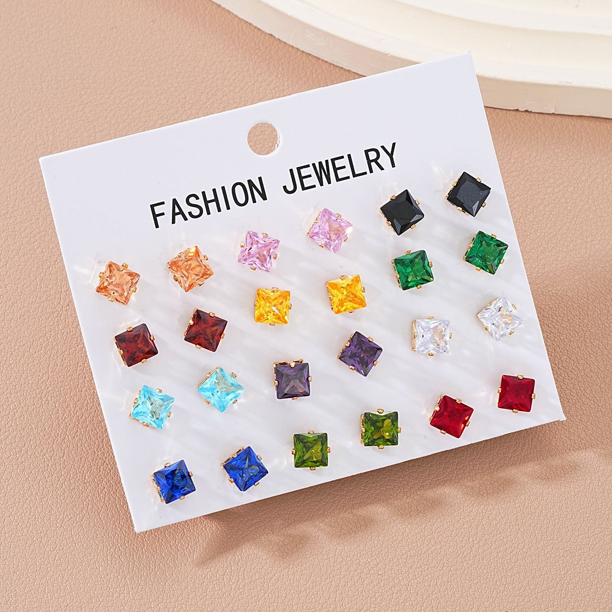 A set of 12 pieces of fashionable, colorful square zirconia stud earrings from Europe and America, featuring a unique and elegant dopamine high-end earrings Specification drawing
