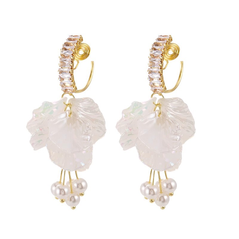 Vacation-style white petal pearl tassel stud earrings for women, 2025 new light luxury seaside exaggerated style earring earrings Item Picture