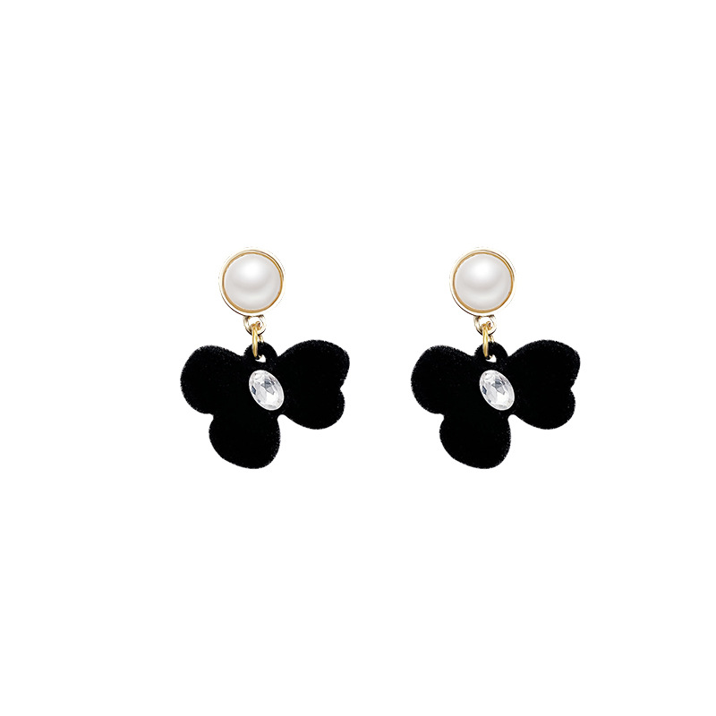 Korean-style pearl flocked black bow stud earrings with a light luxury, niche and high-end feel, versatile and personalized stud earrings Item Picture