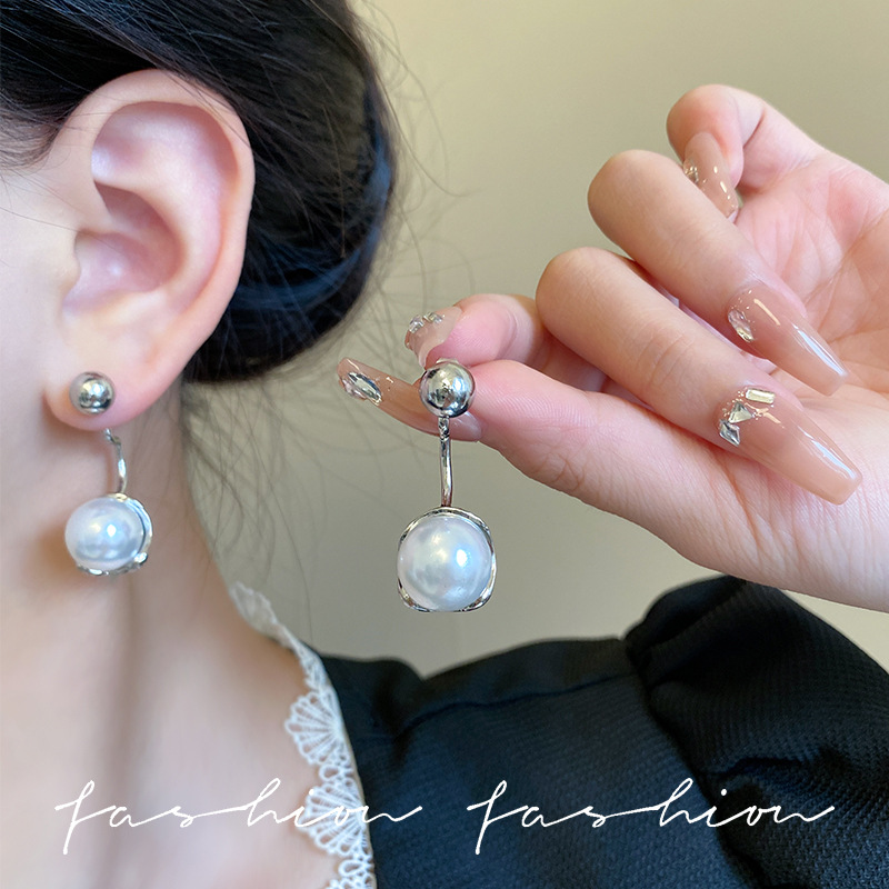 The cold style with grey bead earrings on the front and back, the niche 925 silver needle stud earrings, the new 2024 bestseller, exudes a sense of high-end fashion details Picture