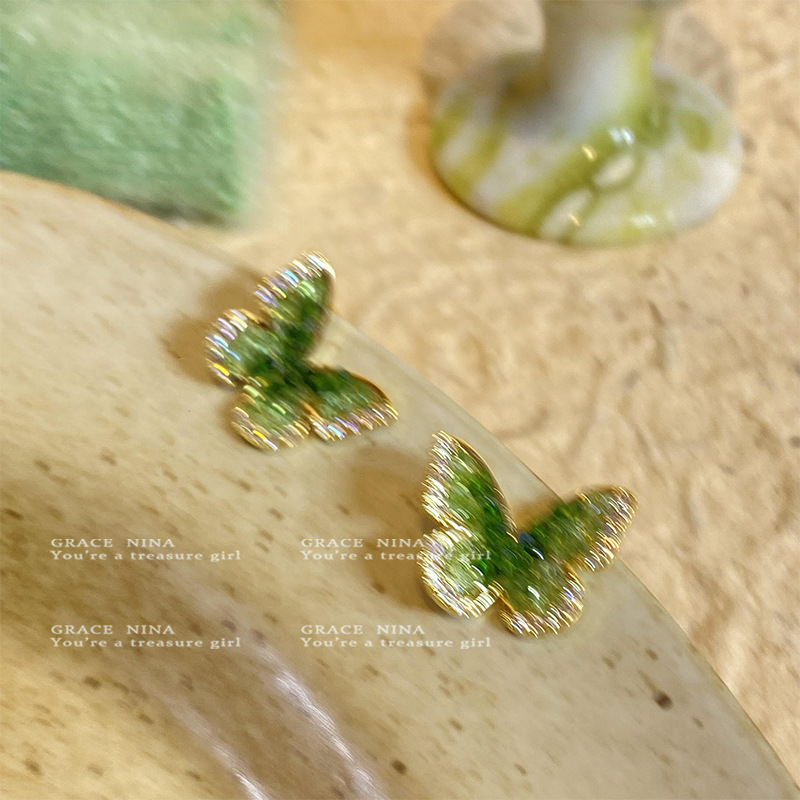 925 Silver Needle Forest-themed green Crystal butterfly Stud Earrings, a niche design with a high-end feel, light luxury and exquisite earrings for women Application Scenario