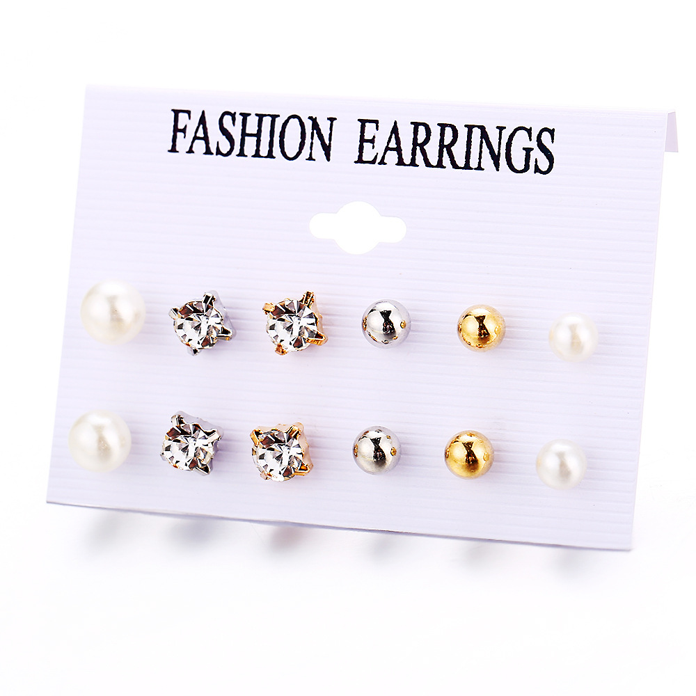 A new cross-border 6-pair set of zirconia stud earrings from Europe and America, featuring a retro and simple imitation pearl round ball earrings Item Picture