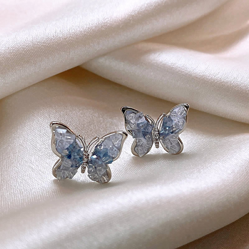Blue gradient crystal butterfly stud earrings for women, high-end Korean design, niche retro, unique and versatile earrings and earrings details Picture