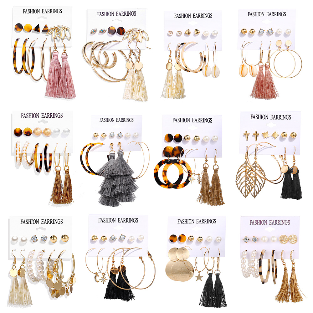 5504 Han Zhishang Acrylic artificial Pearl Circle Tassel Stud Earring Set 6-piece European and American Cross-border Earrings full figure