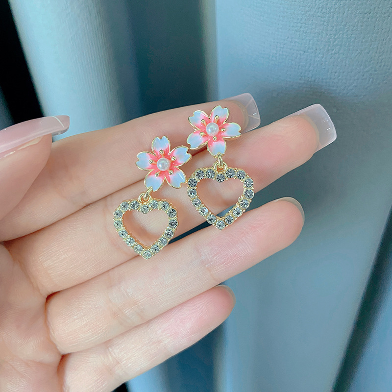 S925 Silver Needle, ethereal, full diamond pink flower heart-shaped stud earrings, elegant and simple fairy earrings, bow earrings details Picture