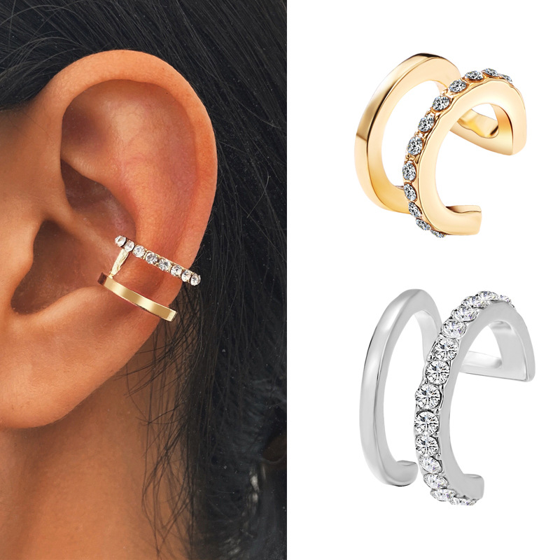 Wholesale of popular cross-border best-selling simple line dot diamond double c ear bone clips from Europe and America, personalized double-layer U-shaped ear clips without ear holes full figure