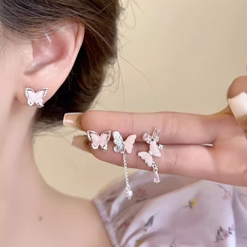 S925 Silver Needle pink elegant earrings, gentle, individual, niche, super fairy-like and girlish, ice crystal butterfly high-end stud earrings full figure
