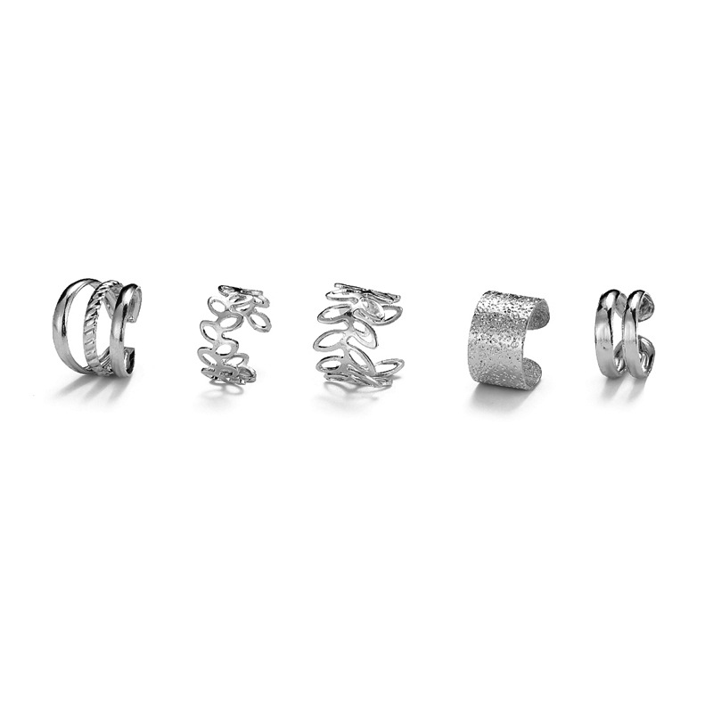 Creative and simple five-piece ear bone clip set without ear holes, personalized golden leaf hollowed-out multi-layer earrings, C-shaped ear clips Specification drawing