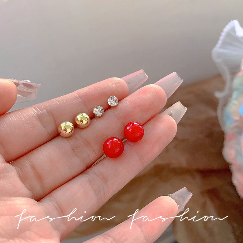 S925 Silver Needle Red Love Bean metal Ear studs Women's ear Piercing Six-piece set Mini Zircon earrings and Earrings wholesale full figure