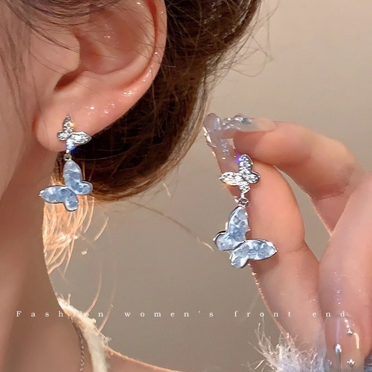 Crystal blue butterfly earrings S952, silver needle, niche design, fresh and elegant, tassel butterfly earrings make the face slimmer full figure