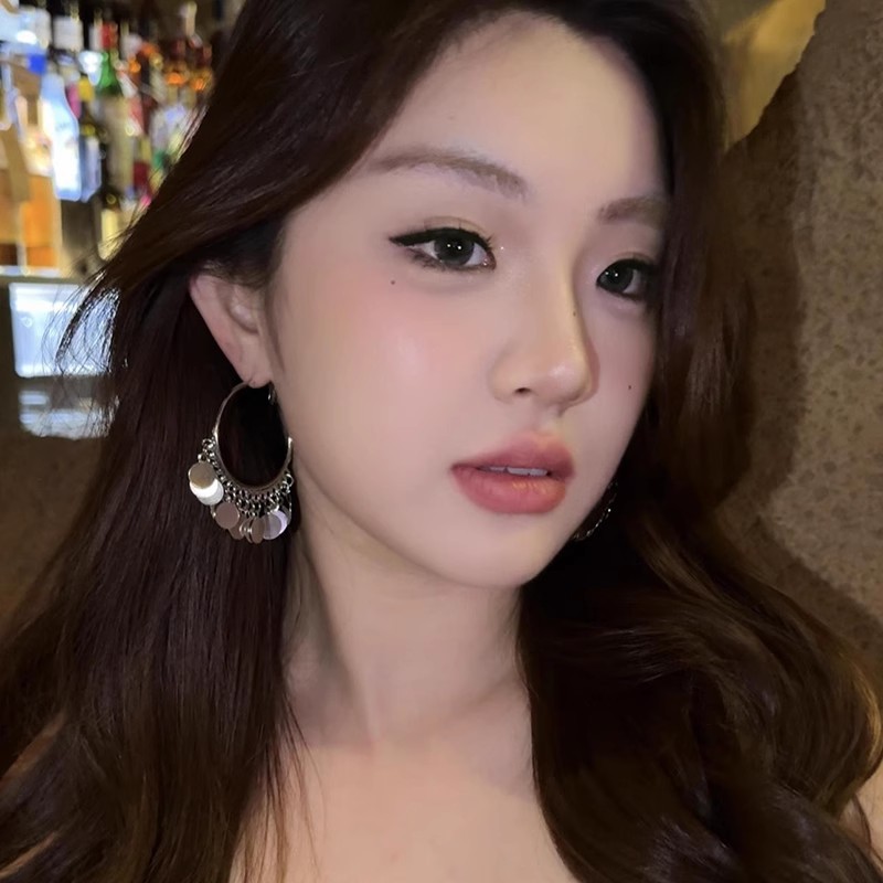 Silver shimmering sequined tassel earrings for women, 2025 new ethnic style circle face-enhancing small earrings details Picture