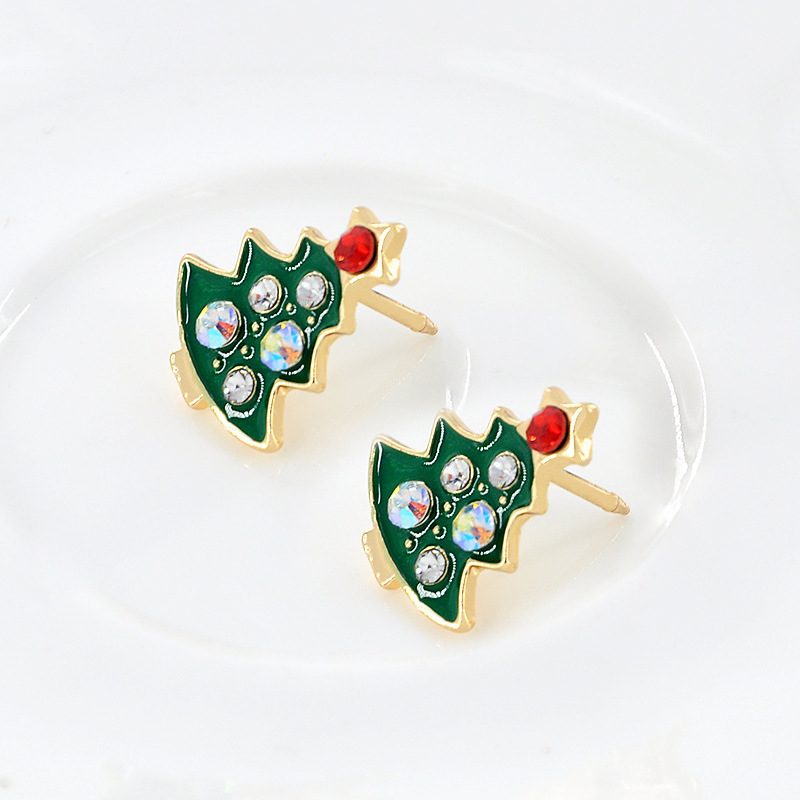 S925 Silver needle green oiling Christmas Stud earrings set with colorful diamonds, my Christmas tree earrings, cross-border Christmas earrings Application Scenario