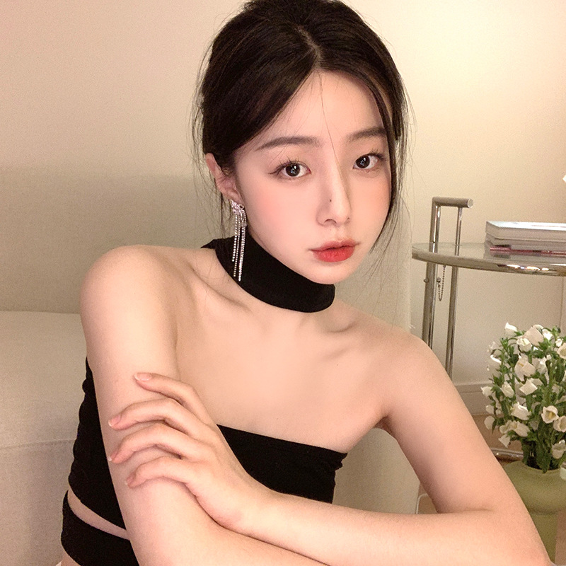 Long asymmetrical tassel stud earrings, Korean cold style light luxury individual temperament earrings, high-quality earrings wholesale details Picture