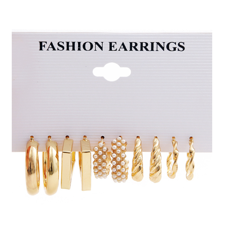 Wholesale of 5-piece sets of creative geometric metal C-shaped earrings and imitation pearl earrings that are popular in Europe and America Item Picture