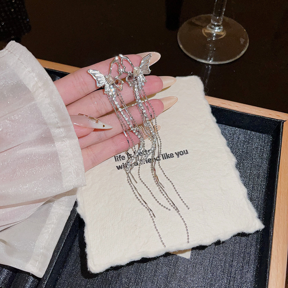 Fashionable and elegant long butterfly delicate ear clips, tassels, high-end feel, no ear piercings, sweet and cool style earrings for women wholesale Specification drawing