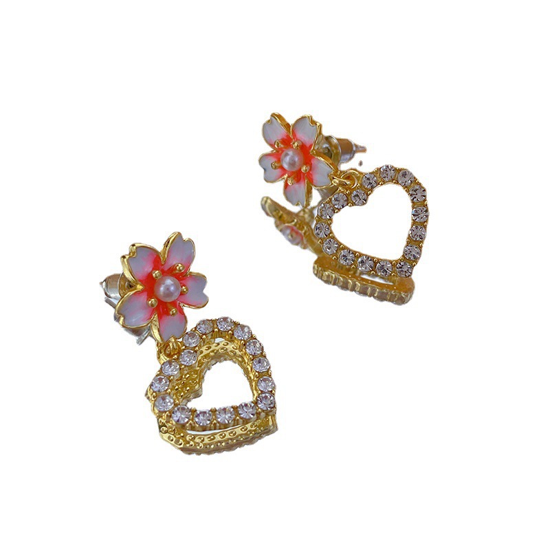 S925 Silver Needle, ethereal, full diamond pink flower heart-shaped stud earrings, elegant and simple fairy earrings, bow earrings Item Picture