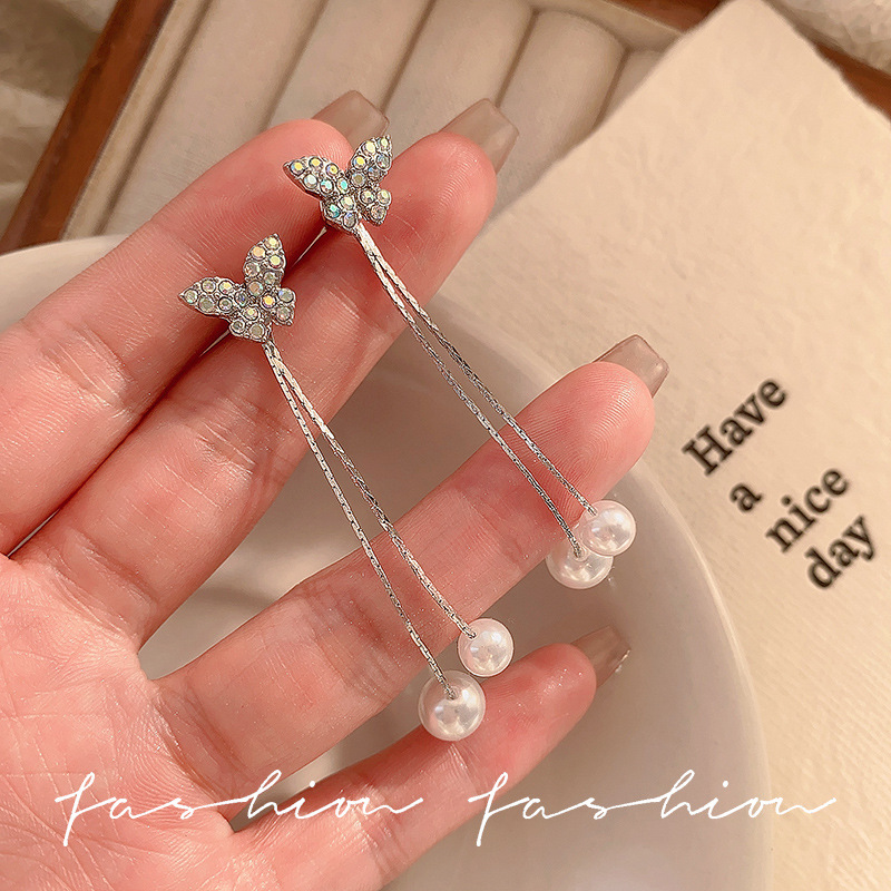 Gentle style bow pearl tassel earrings for women, light luxury, niche and high-end feel, Korean-style exquisite and versatile earrings full figure