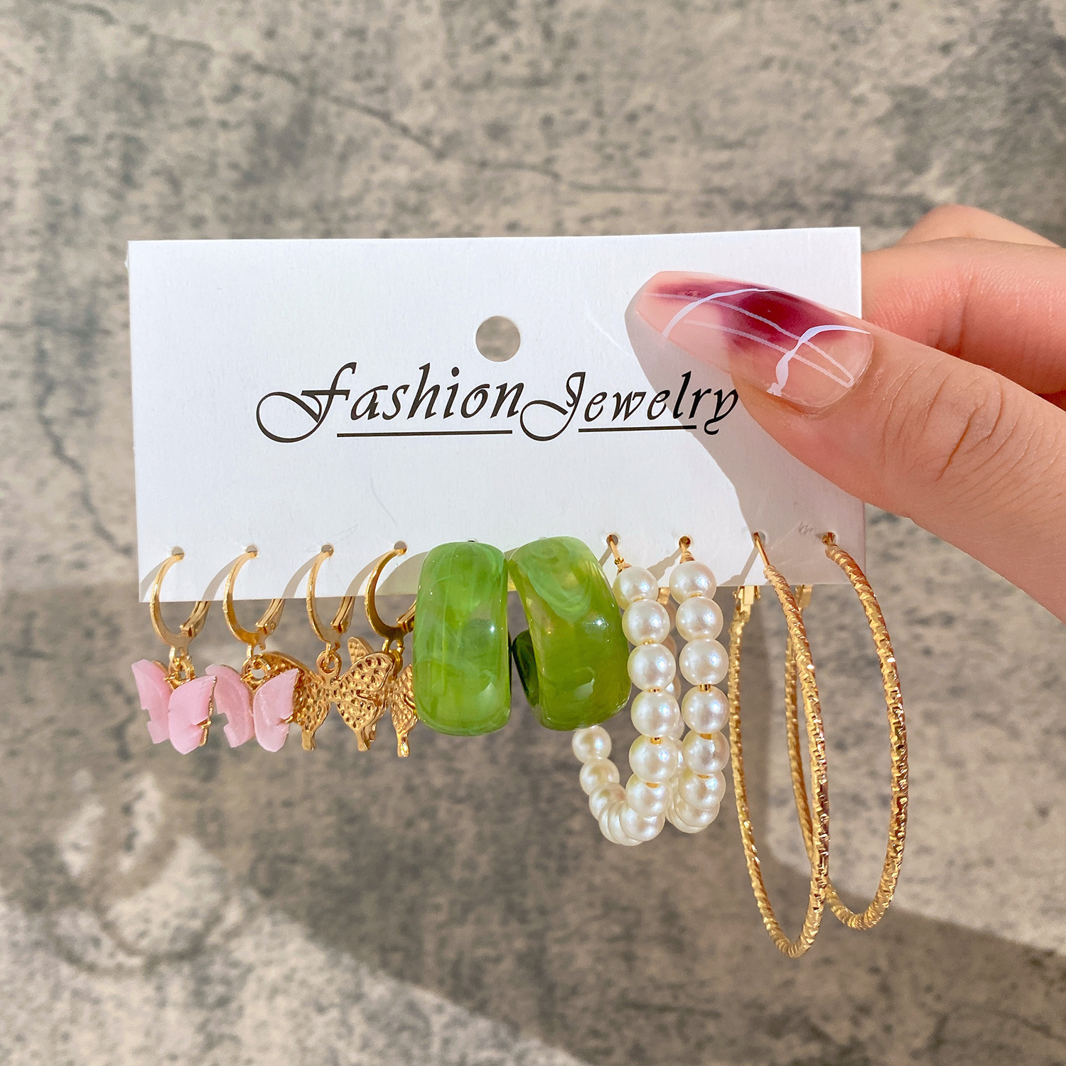 Cross-border circle ear ring creative imitation pearl ring earrings set of 5 pieces acrylic butterfly pendant earrings details Picture