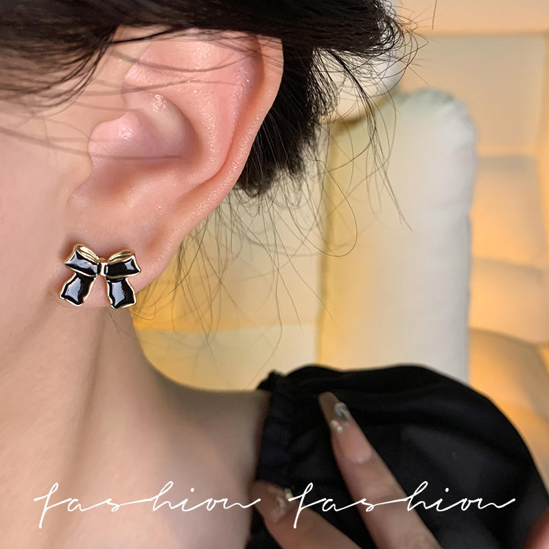 Black bow stud earrings 925 silver needle stud earrings simple, small and versatile earrings for women, new trendy earrings for 2024 details Picture