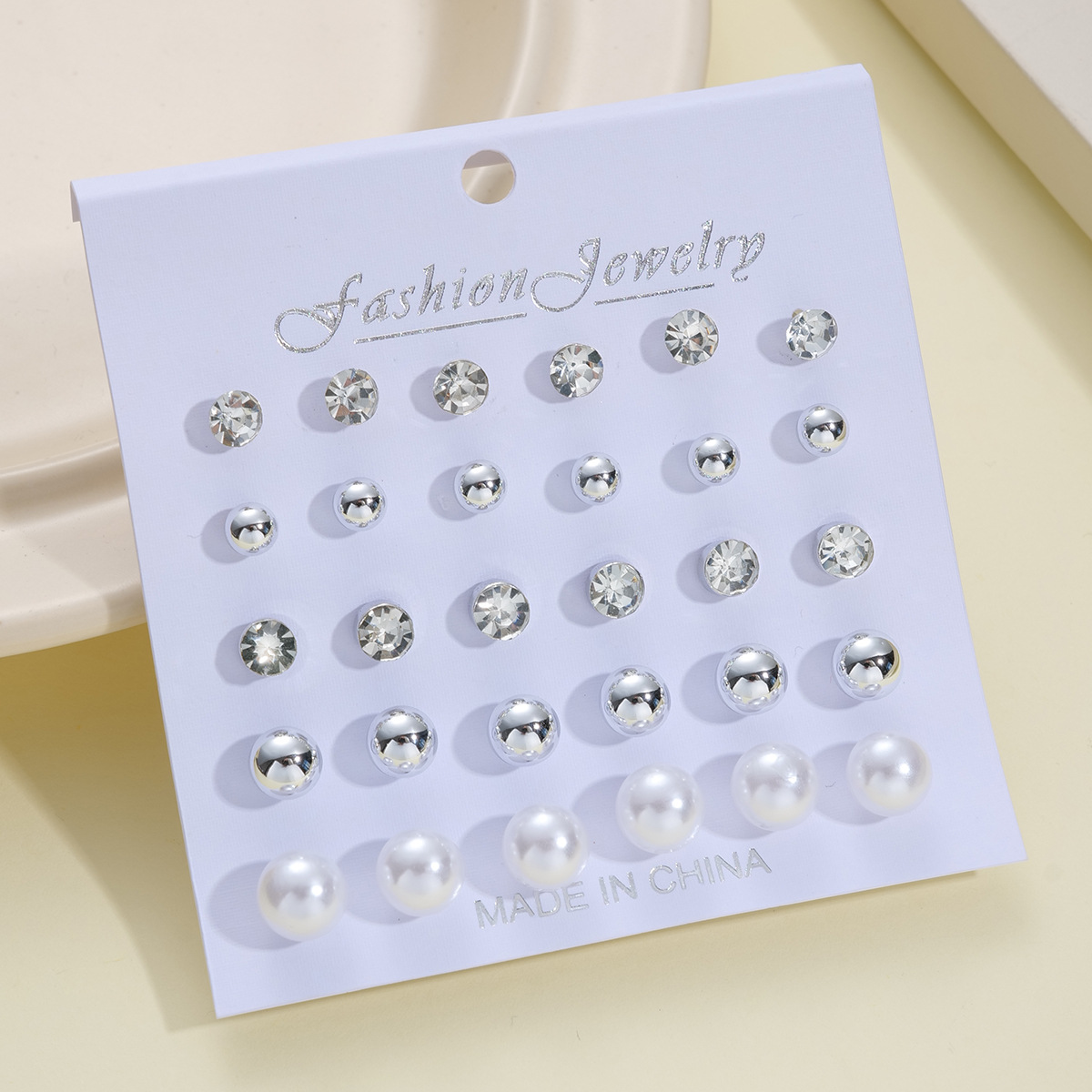 A set of 15 pieces of geometric zircon imitation pearl stud earrings from Europe and America, featuring simple round imitation pearl stud earrings for women Specification drawing