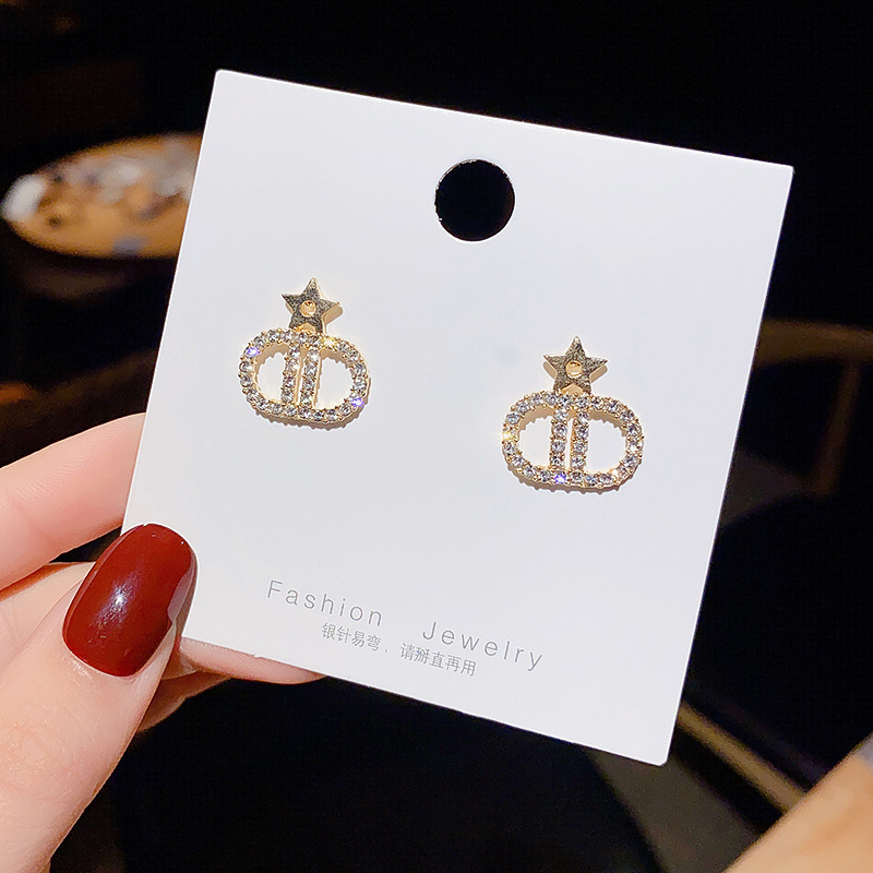 S925 Silver Needle Korean version Stud earrings, Women's five-pointed star bright diamond Super Sparkling earrings, Women's letter D simple short style elegant earrings details Picture
