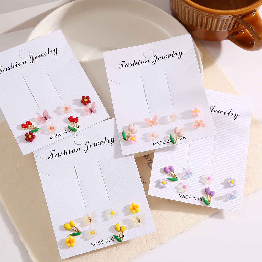 New cross-border ins colorful fruit, butterfly and flower stud 8-piece set of creative small accessories crystal card earrings Application Scenario