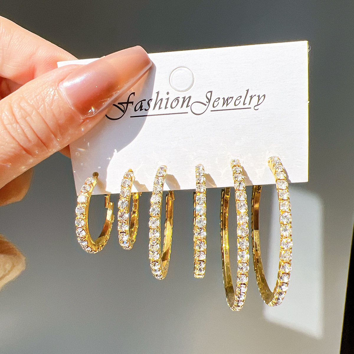 European and American fashionable shiny earrings, high-end, creative and simple with rhinestones, exaggerated large, medium and small ring ear rings 3 pairs details Picture