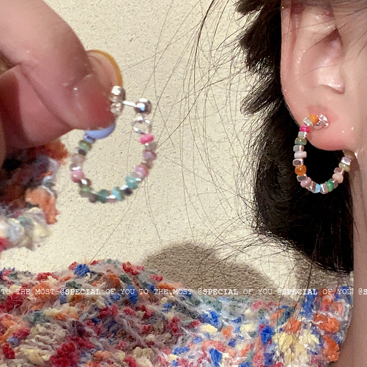 New Chinese-style colored beaded silver stud earrings with a unique design sense for women, S925 silver needle fashionable earrings Specification drawing