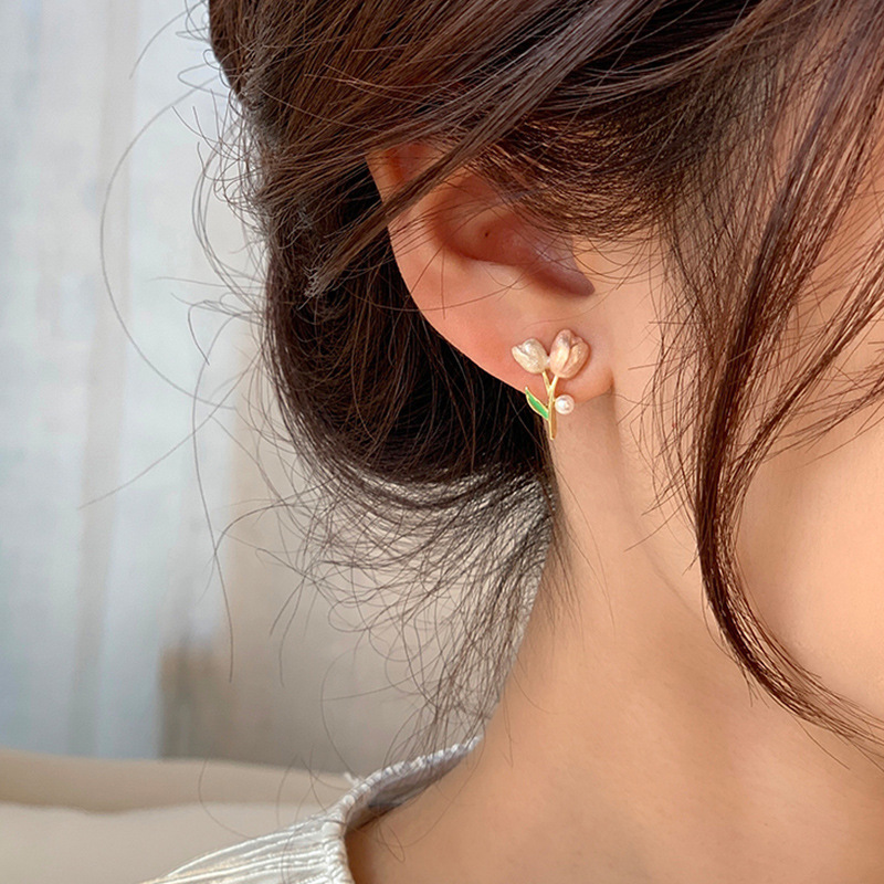 S925 Silver Needle pink tulip stud earrings for women, summer light luxury sweet earrings, niche design, fresh and trendy earrings Specification drawing