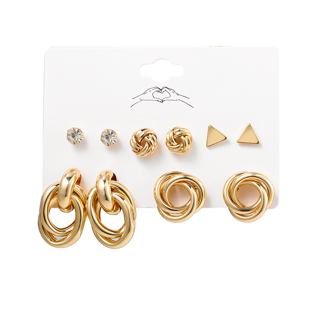 A set of 6 pairs of new cross-border simple earrings from Europe and America, featuring creative, individual and fashionable diamond-encrusted large circles Item Picture