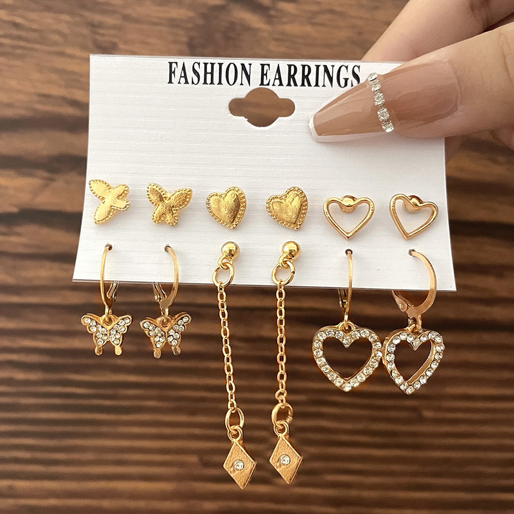 Cross-border retro metal heart Diamond earrings set of 6 pairs of creative full diamond butterfly hollowed-out heart pendant earrings full figure