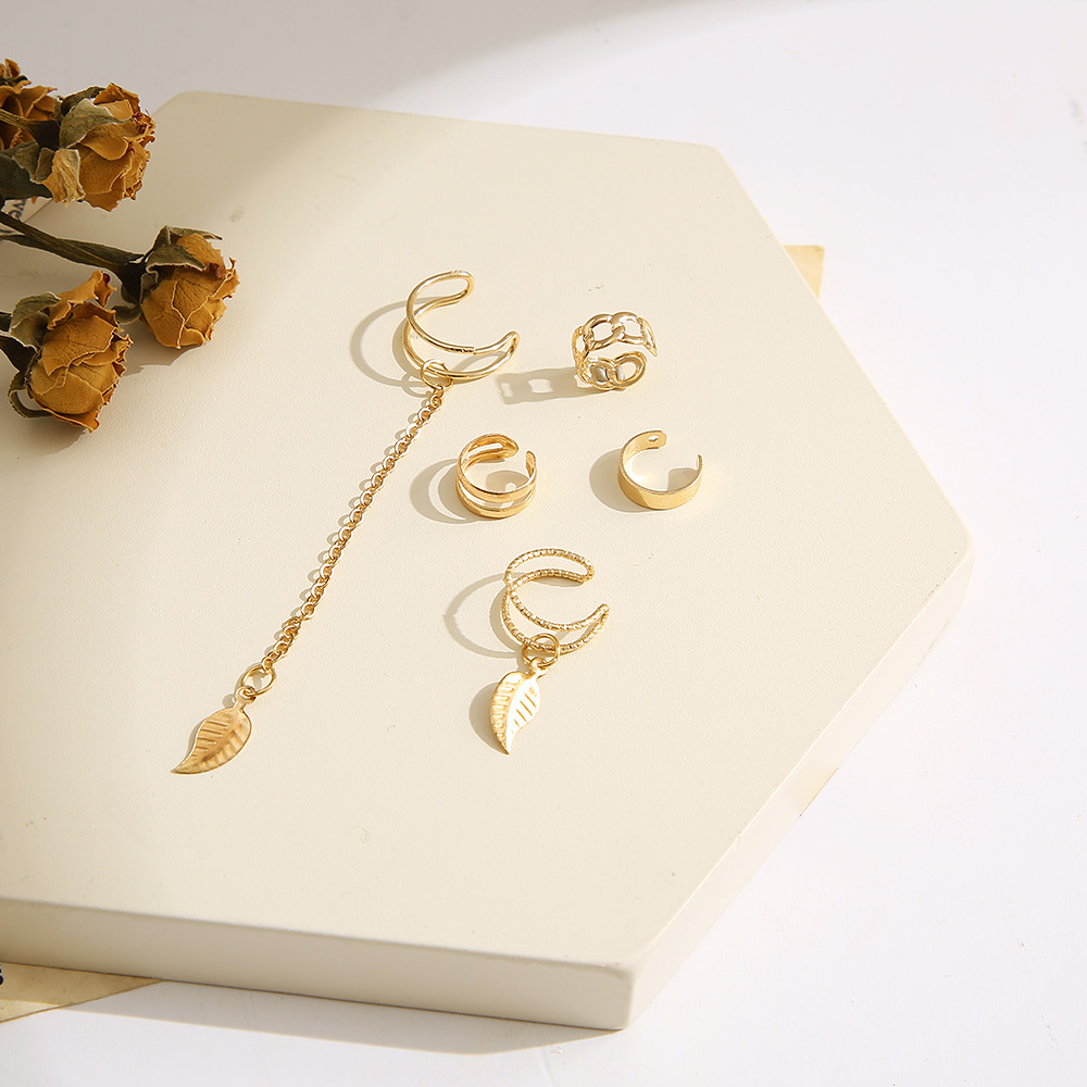 Cross-border Leaf no-ear hole Ear Bone Clip Set of 5 pieces, creative and personalized golden chain double-layer metal C-shaped ear clips Specification drawing
