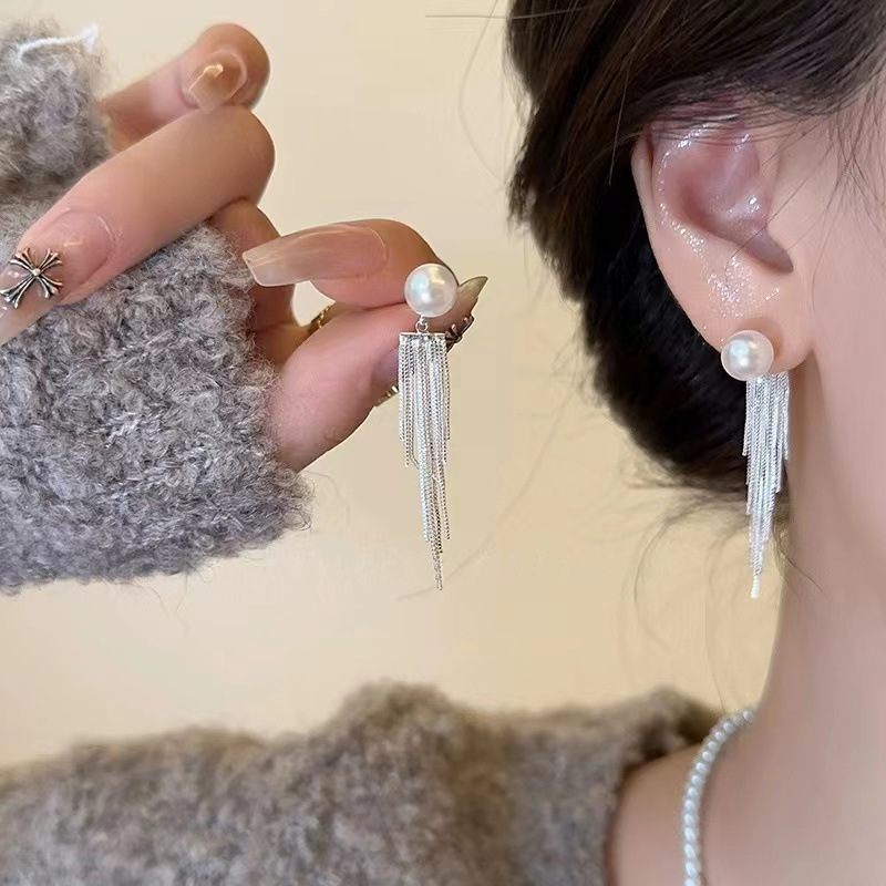925 Silver Needle Elegant tassel pearl Stud earrings, women's niche design, high-end sense earrings, simple and versatile, exquisite earrings Specification drawing