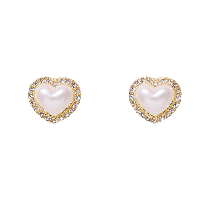 S925 Silver Needle Dongdaemun Heart-shaped Pearl Earrings from South Korea, versatile for women, diamond-encrusted, personalized and fashionable stud earrings Item Picture