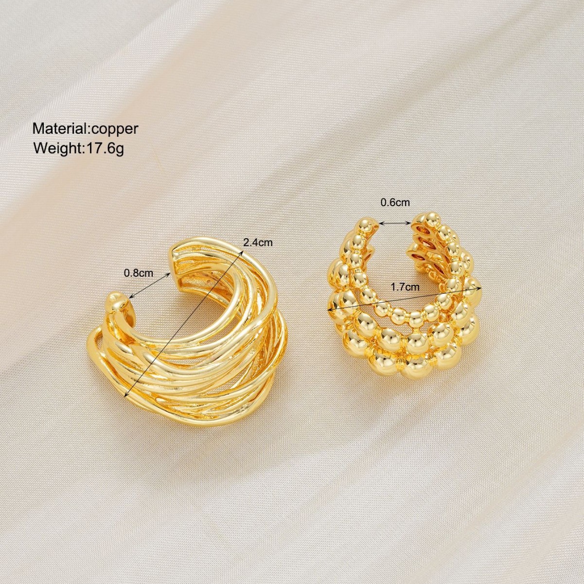 2-piece set of cross-border European and American creative high-end wound multi-layer round bead ear clips, eco-friendly copper round bead ear clips without ear holes details Picture