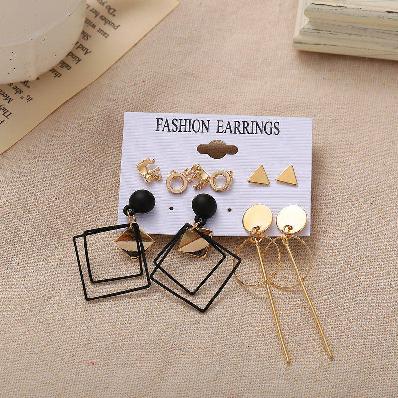 New cross-border elephant-shaped rhombic ring stud earring set of 5 pairs, creative retro and simple alloy earrings for women Specification drawing