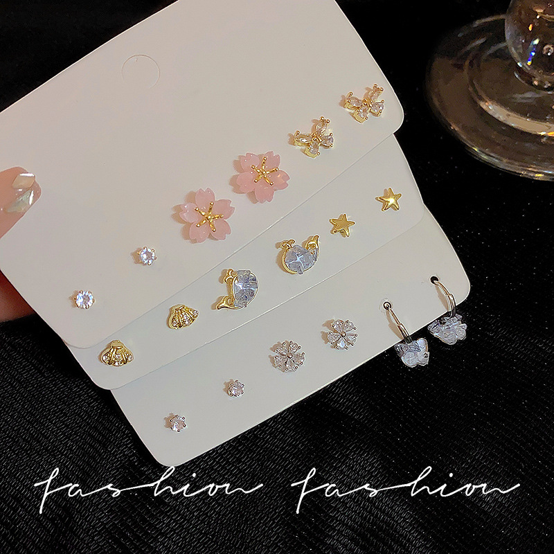 Silver needle Korean-style butterfly stud earrings, fresh, sweet and cute flower earrings, elegant zircon six-piece set of earrings full figure