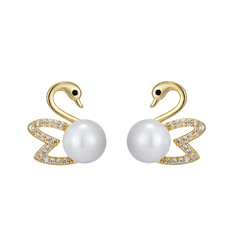 Classic Little swan earrings 925 silver needle summer mini pearl stud earrings for women, Dongdaemun earrings and pendants from South Korea Item Picture